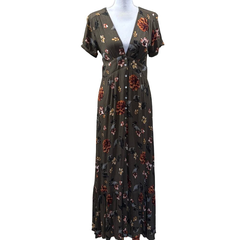 Illa Illa Olive Green Floral Button Front Maxi Dress Small, romantic, boho